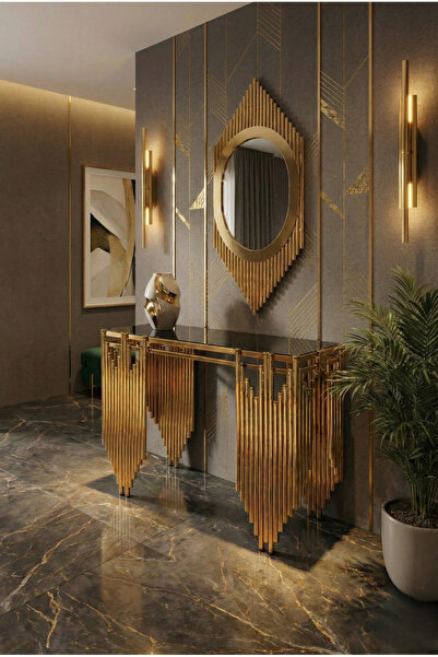 lowena home Ultra Lak Gold Kaplama Kare Dresuar Piramit Ayna Takım 120Cm