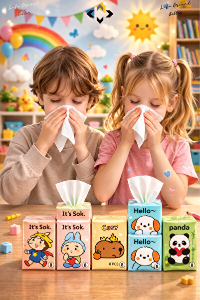 LİGROUND 1 Mini Paket 8 Yaprak Figürlü Çocuk Okul Taşınabilir Kağıt Mendil Pe...