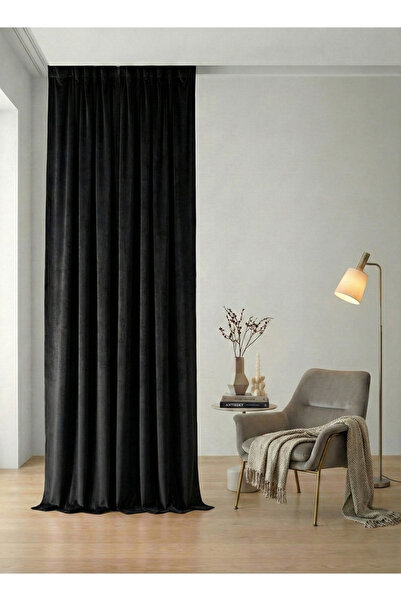 Bercem Home Kadife Dokulu Ekstrafor Büzgülü Fon Perde - Siyah - Tek Kanat (Pi...