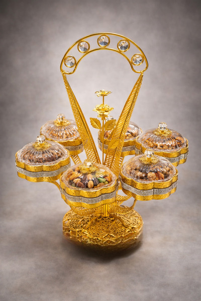 China Luxury rotating serving tray – six bowls with a gilt metal base studded...