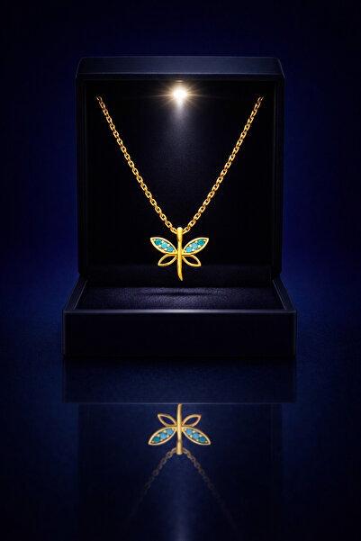 KAR DİAMOND Kolye ucu 8 Ayar Altın Zincir Gümüş Firuze Taşlı Minimal Yusufçuk...