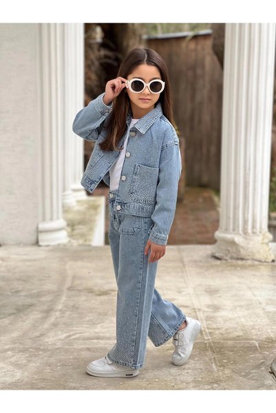 DUDOR KİDS Girls' Collared Stone Blue Denim Pants and Denim Jacket Set - Holiday Wear