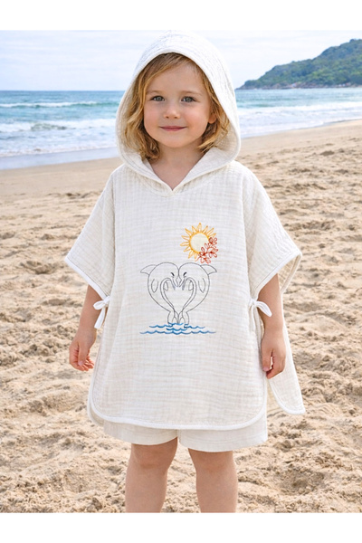 Tomuycuk 4 Kat Müslin Ekru Panço Havlu - Nakışlı %100 Pamuklu Bebek & Çocuk P...