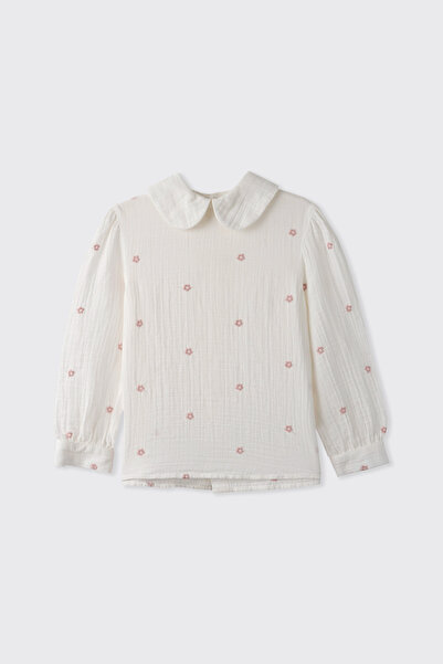 Panço Kız Çocuk Çiçek Desenli Müslin Beyaz Bluz