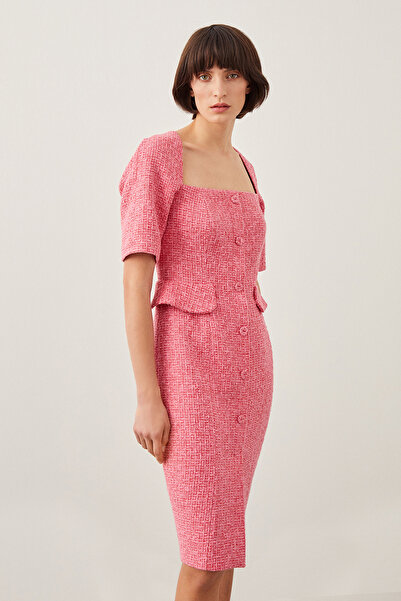 Jus De Pommes KIRMIZI TÜVİT ÖNDEN DÜĞMELİ KISA KOLLU MİDİ ELBİSE