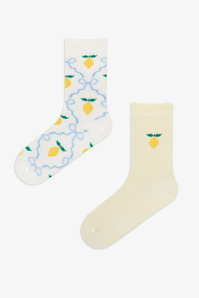 Penti 2 Pairs of Nose Stitch-Free Cotton Colorful Lemon Patterned Ruffle Socks