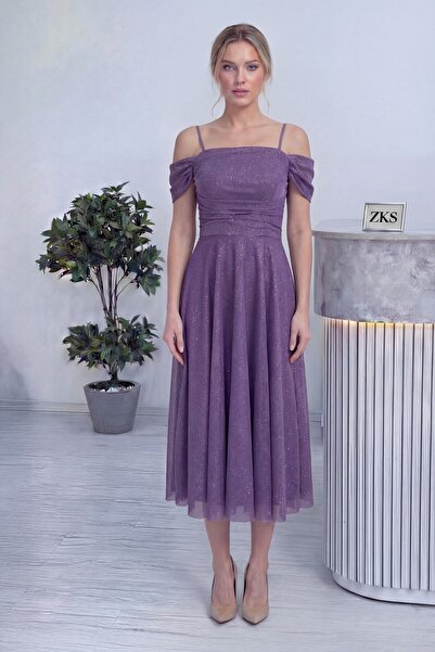 the ZKS Kadın Midi Boy Kloş Askılı Düşük Omuz Abiye Elbise Beyaz, Lacivert, Lila