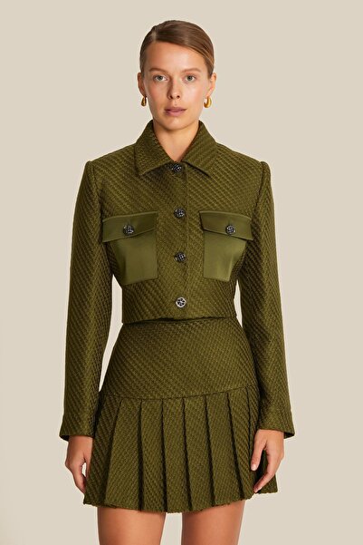 rue Saten Cep Detaylı Haki Crop Tüvit Ceket