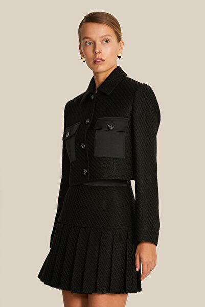 rue Saten Cep Detaylı Siyah Crop Tüvit Ceket