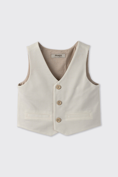 Panço Erkek Bebek V Yaka Astarlı Düğmeli Ekru  Yelek