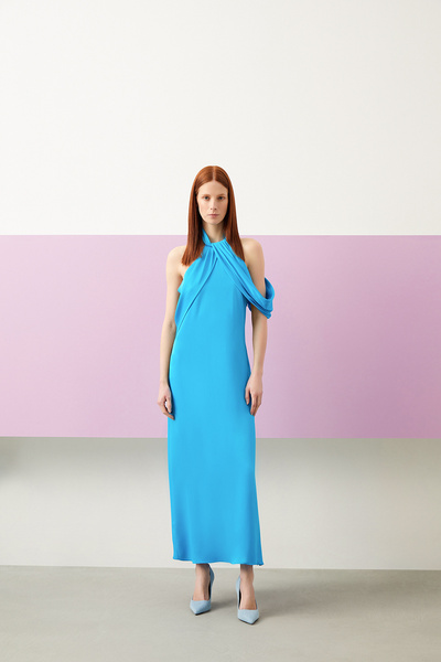 Jus De Pommes MAVİ DİK YAKA TEK DÜŞÜK KOL MAXİ ELBİSE