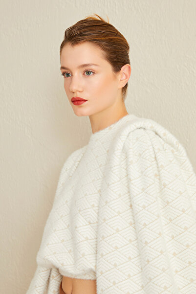 Jus De Pommes EKRU DESENLİ TRİKO BALON KOLLU CROP BLUZ