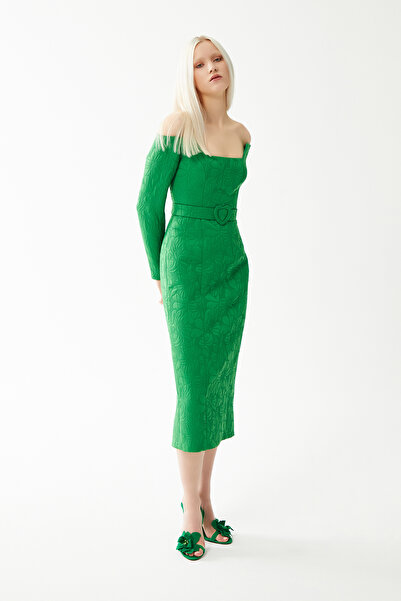 Jus De Pommes YEŞİL MADONNA YAKA KEMERLİ MİDİ BOY ELBİSE
