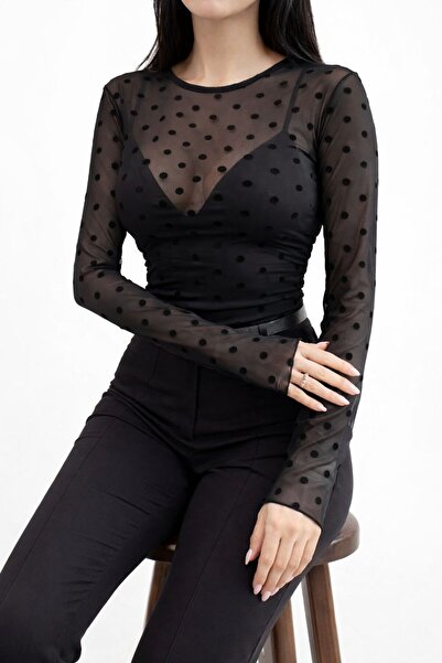 Vybe Collection Kadın Siyah ve Kahverengi Puantiyeli Tül Bluz