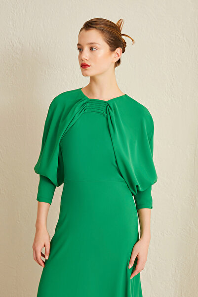 Jus De Pommes YEŞİL YAKASI DRAPELİ BALON KOLLU UZUN ELBİSE