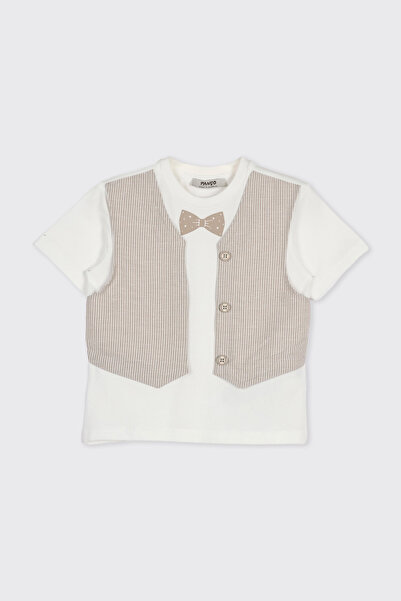 Panço Erkek Bebek Yelek Detaylı Yumuşak Dokulu Ekru Tişört