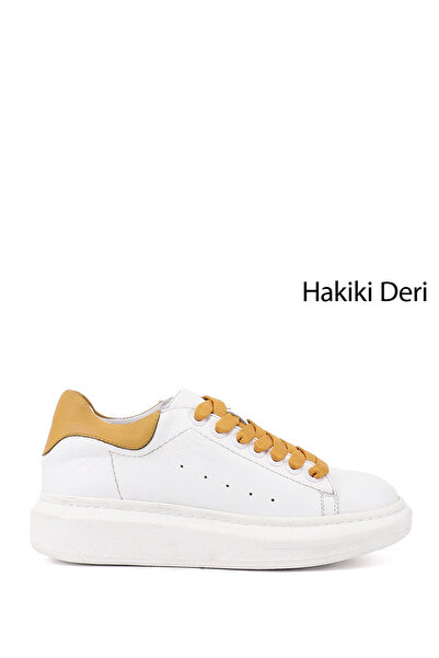 GÖNDERİ(R) Women's White Mustard Lace-Up Wedge Sole Genuine Leather Sneaker
