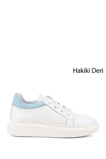 GÖNDERİ(R) Women's White to Blue Lace-Up Padded Sole Genuine Leather Sneakers