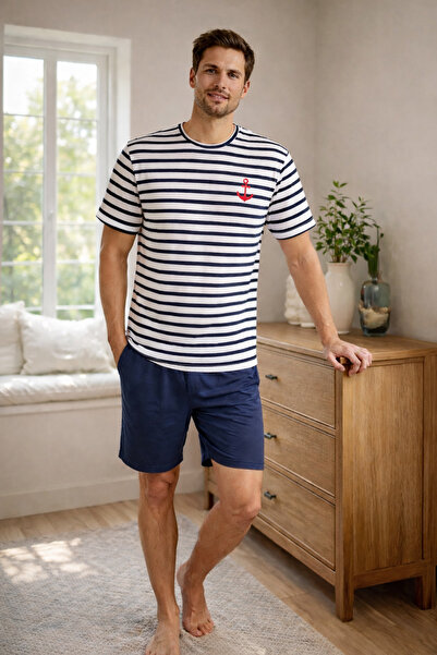 koza iç giyim Erkek Pamuklu Lacivert Çizgili Şort Takım