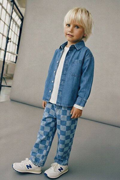 Zuma Kids Unisex Çocuk Mavi Denim Gömlek Kareli Pantolon Alt Üst 2'li Takım