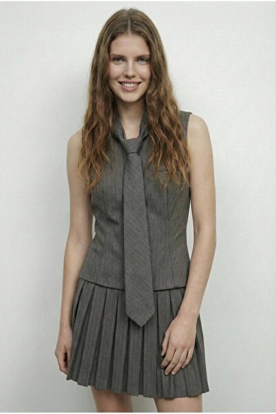 Quzu Striped Dress with Detachable Tie Detail - Brown