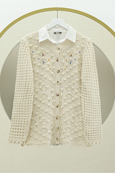 Modamorfo Pompom Round Neck Buttoned Knitwear Cardigan - Cream