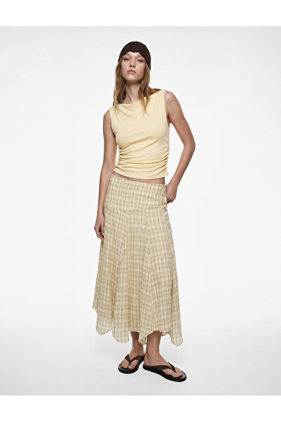 Koton Rahat Kalıp Normal Bel Asimetrik Kesim Viskon Karışımlı Midi Ekoseli Etek