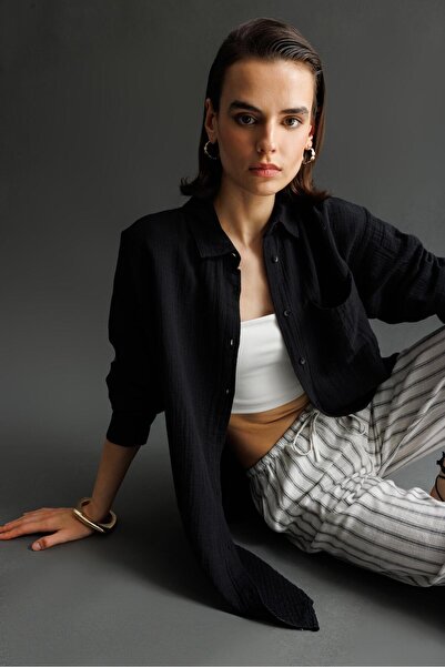 Mixray Μαύρο πουκάμισο Muslin Oversize - 3833 Γυναικείες τσέπες