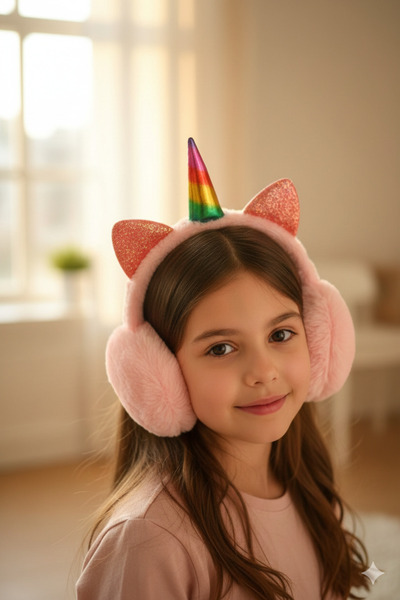 PETEK AKSESUAR Unicorn Kız Çocuk Soğukdan Koruyucu Kışlık Kulaklık Soft Pembe