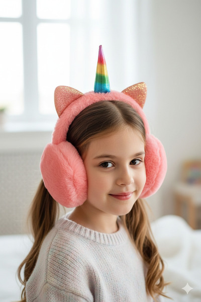 PETEK AKSESUAR Unicorn Kız Çocuk Soğukdan Koruyucu Kışlık Kulaklık Pembe