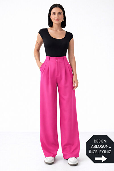 trendalisse Tesatura Palazzo fucsia - Pantaloni de damă plisati cu picioare late