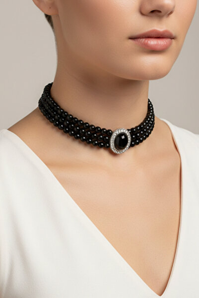 PETEK AKSESUAR Incili Choker Tasma Kolye Siyah