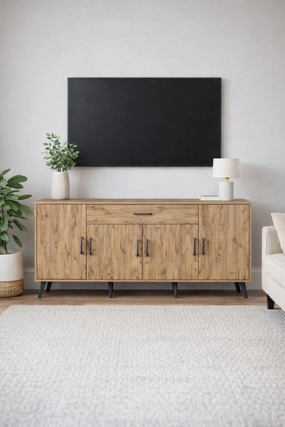 Dienni Arges Konsol 3 Raflı Tek Çekmeceli 4 Kapaklı 176x30x83 Çam-Çam/Çam