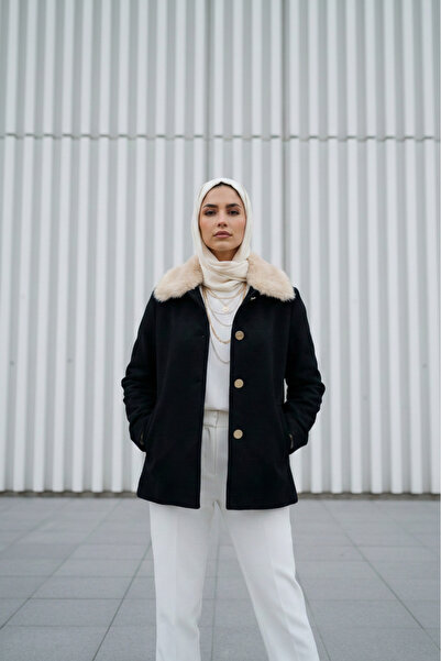 Zeneva Collection Μαύρο παλτό με γούνινο γιακά και επένδυση από κασμίρι 2121