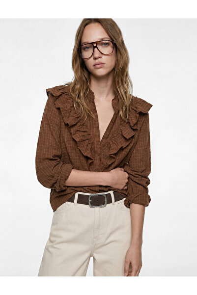 Koton Düğmeli Uzun Kollu Fırfırlı Yaka Pamuklu Kareli Gömlek