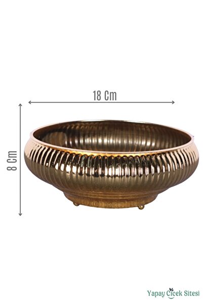 Yapay Çiçek Sitesi Metal Dekoratif Çizgili Ufo Saksı 8 cm Altın