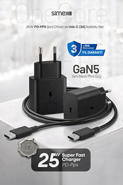 Simex Samsung Bütün Serileri Uyumlu - 25W USB-C Süper Hızlı Şarj Seti - CE Be...