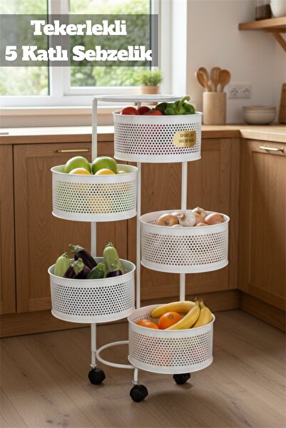 Bayev Salda Beyaz 5 Katlı Yana Açılır Tekerlekli Patates Soğan Sepeti Sebze M...