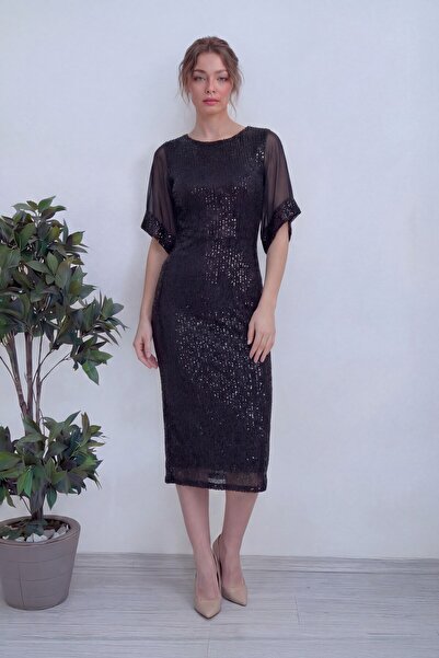 zks grup tekstil Kadın Siyah Midi Boy Pulpayet Şifon Tasarım Yarım Kol Büyük ...