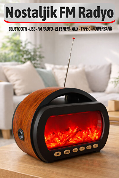 Badem10 Şömineli Nostaljik Radyo Bluetooth Ses Bombası Powerbank USB Type C Ş...