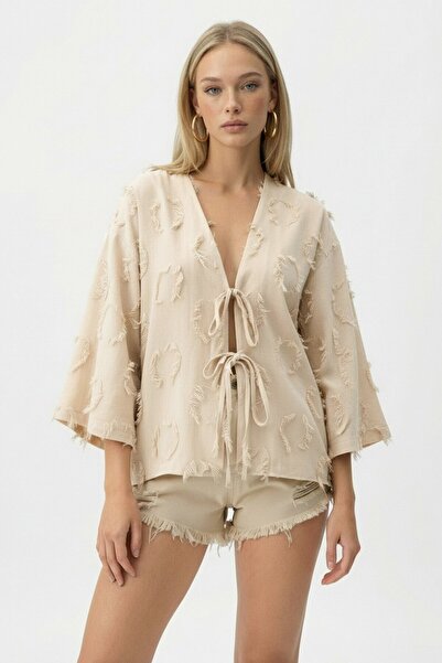 VAGGON Beige V-Neck Front Tie-Detail Tassel Detailed Summer Jacket Linen