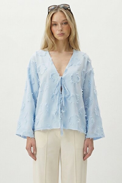 VAGGON Blue V-Neck Front Tie-Detail Tassel Detailed Summer Jacket Linen