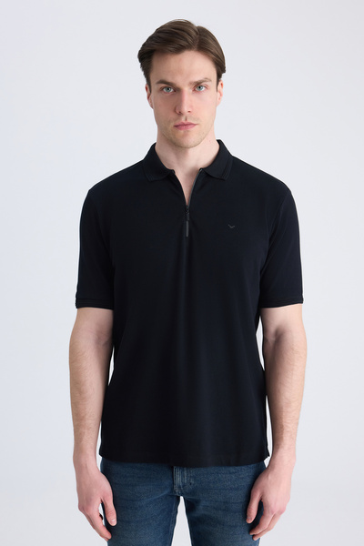 D'S Damat Tricou Ds Damat Regular Fit, negru, cu textură Pique, 100% bumbac