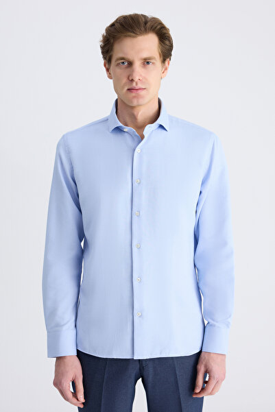 D'S Damat Ds Damat Slim Fit Blue Dobby Tencel ™   Linen Blend Shirt
