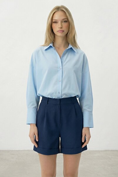 VAGGON Lacivert Çift Cepli Duble Paça Gizli Fermuarlı Keten Şort