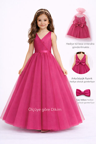 SUNEH Kız çocuk Fuşya Anvelop Mezuniyet Doğum Günü Elbise