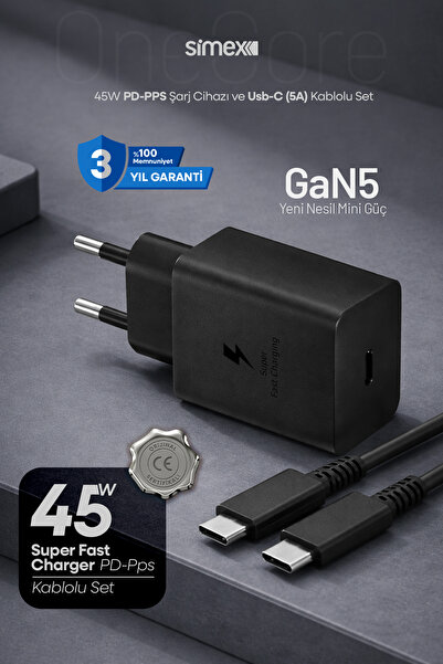 Simex Samsung S22-S23-S24-S25-S26 Uyumlu 45W USB-C Şarj Seti Aleti Cihazı Ada...