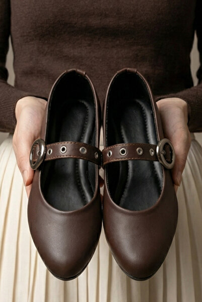 Beyond Balerini din piele maro cu cataramă metalică pentru femei 1cm BYNDMTF05