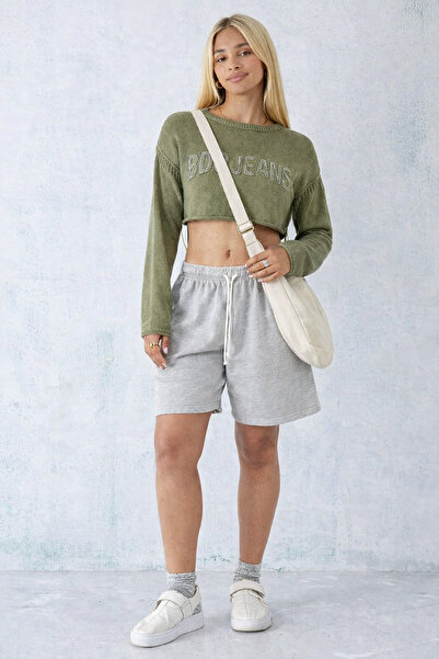 september island Kate Haki Renk Yıpranma Detaylı Merserize Crop Kazak