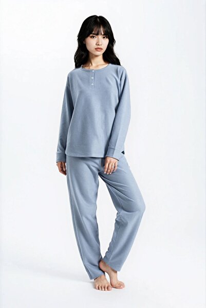 Ecrou Set de pijamale pentru femei, albastru, cu nasturi, cu mâneci lungi și ...